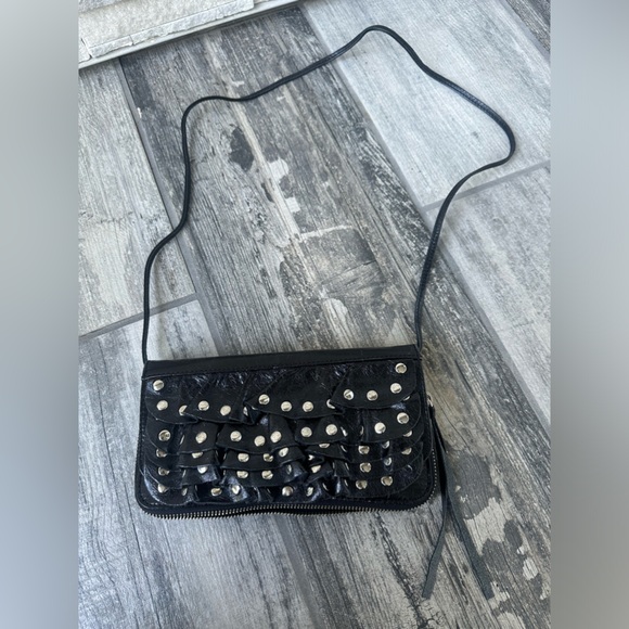 Susan Farber Y2K Leather Ruffle Studed Clutch or Crossbody Purse Black Boho - Picture 8 of 15